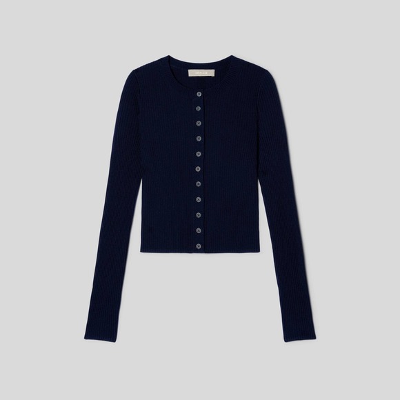 NWOT Everlane Ribbed Cropped Cardigan Navy Blue Medium - Picture 2 of 11